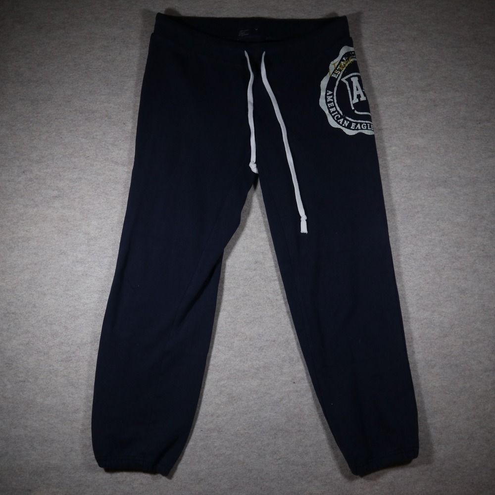 American Eagle Navy Blue Sweatpants Mens Medium Graphic Logo Joggers Y2K Vintage